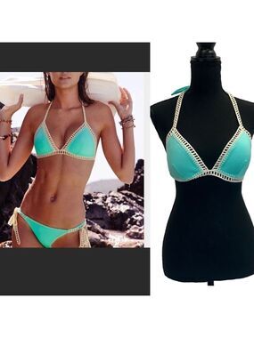 Victoria's Secret blue cream crochet trim bikini top Sz M